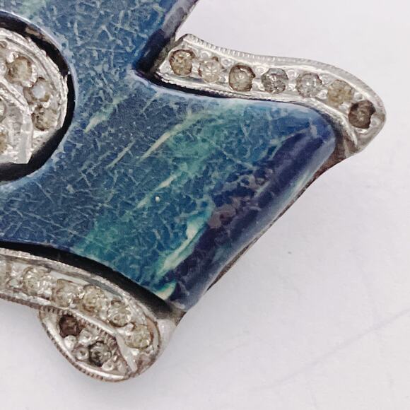 Vintage 1930s Art Deco Silver Tone Brooch w Rhinestones & Blue Galalith - Picture 6 of 14